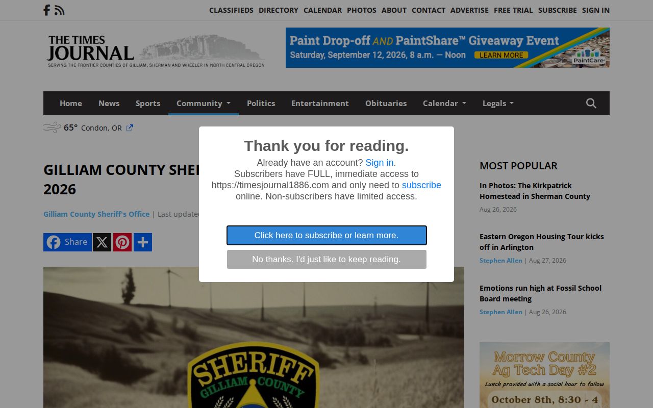 Gilliam County crime news example from Times-Journal sheriff report